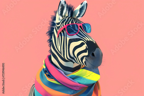 Zebra in a striped scarf and sunglasses  colourful cartoon illustration.