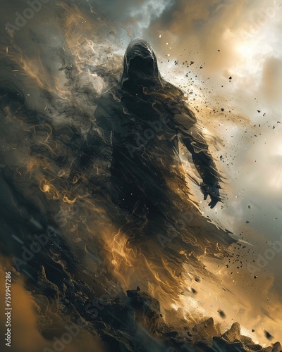 Survivor, torn coat, a lone warrior in a post-apocalyptic wasteland, battling against a fierce storm Realistic, backlight, motion blur