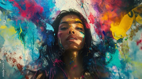 A vibrant portrayal of a girl model surrounded by floating paint splatters, creating an energetic and lively visual.