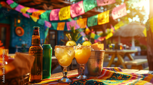  Cinco de Mayo with colorful margaritas on a vibrant tablecloth, complete with salt-rimmed glasses and lime garnishes, beer bottles, and traditional papel picado banners in the background photo