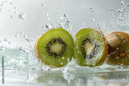 Kiwi fruit splashing in water on a white background.