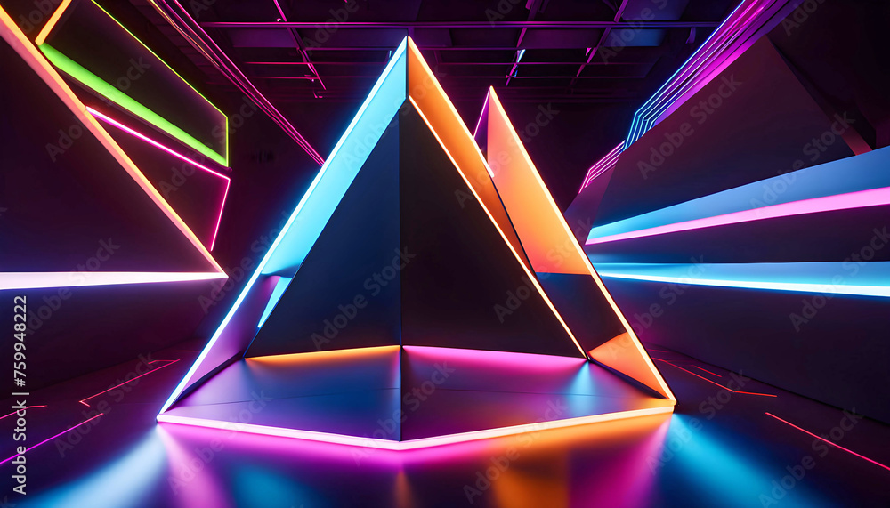 Techno modern virtual gaming space with neon glowing triangles, cozy atmosphere,