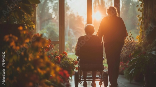 A caregiver assisting an elderly person. AI generate illustration photo
