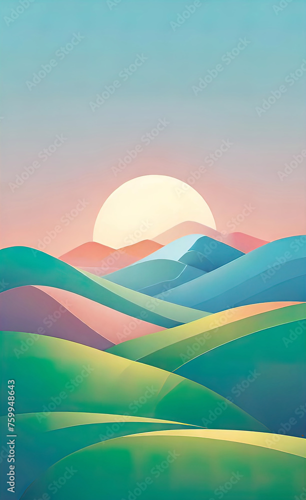 sunrise with minimalistic 3D abstract landscape with hills and soothing pastel colors, beautiful background for smartphone sunrise with minimalistic 3D abstract landscape with hills and soothing pastel colors, beautiful background for smartphone