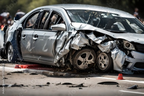 A close-up focusing on the point of impact where the sedan is crumpled against the guardrail, showcasing the forces at play during the crash.