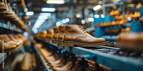 Advancing Footwear Production: A Closer Look at a Modern Shoe Factory. Concept Modern Technologies, Shoe Manufacturing Process, Sustainability Efforts, Innovative Designs, Quality Control Measures photo