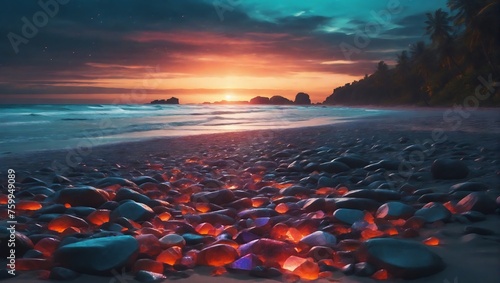 glowing rocks on the beach at sunset. photo