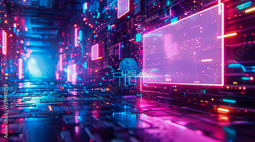 Futuristic Computer Technology, Digital Background with Blue Neon Lights, Science and Cyberspace Concept
