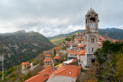 Traditional houses and the clock tower of Dimitsana village in Arcadia region, Peloponnese, Greece
