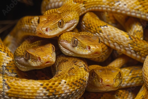 A detailed view of a single snake resting on a mound of other snakes. photo