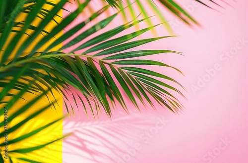 Cover with realistic tropical leaves on pastel pink background. Exotic fashion concept. Flat plan  top view with copy space. Quiet luxury. 