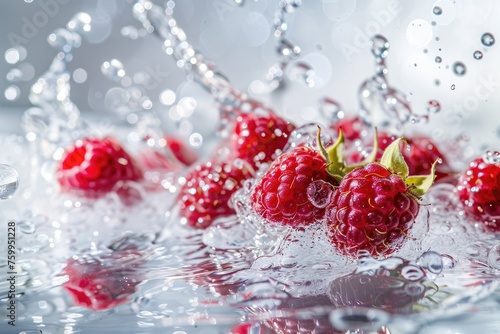 Ripe raspberries in water splashes on a light background