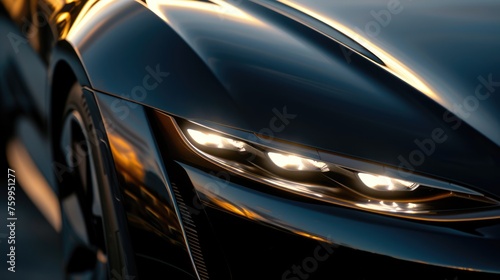 A close-up of a sleek black luxury sports car's headlight, showcased in the reflective ambiance of a premium car showroom. AIG41 © Summit Art Creations