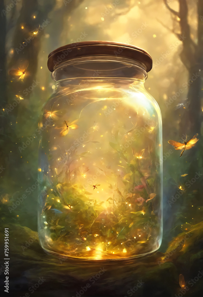 a glass jar with fireflies brighting, Generative Ai a glass jar with fireflies brighting, Generative Ai
