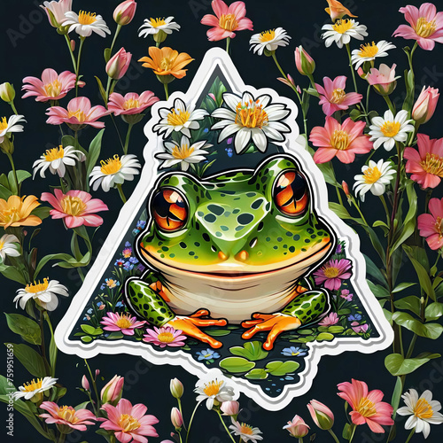 Close-Up Bullfrog Portrait with Floral Sticker on Dark Background Gen AI photo