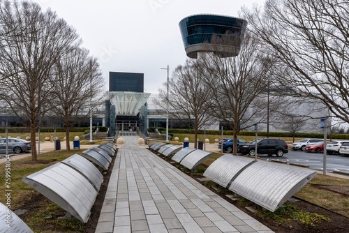 Fototapeta Naklejka Na Ścianę i Meble -  The exterior entranceway and observation tower at the National Air and Space Museum Steven F. Udvar-Hazy Center.