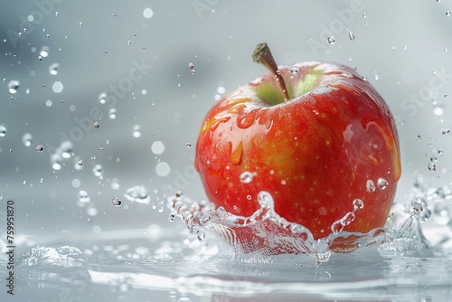 Red apple falling into water with splash, isolated on white background.