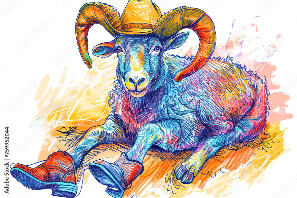 Ram in a cowboy hat and boots, colourful sketch illustration.