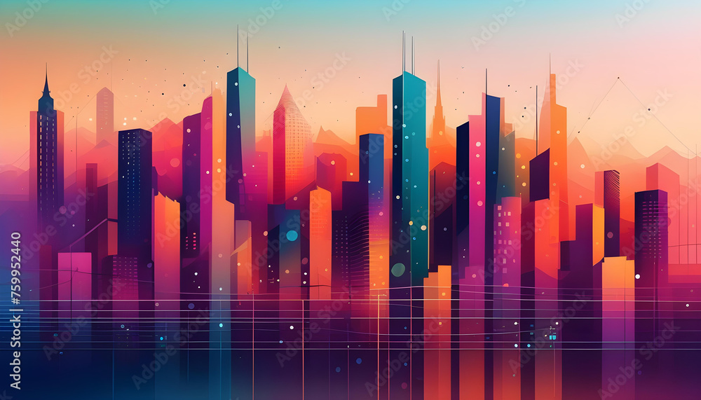 A digital illustration of a cityscape with abstract shapes and colors
