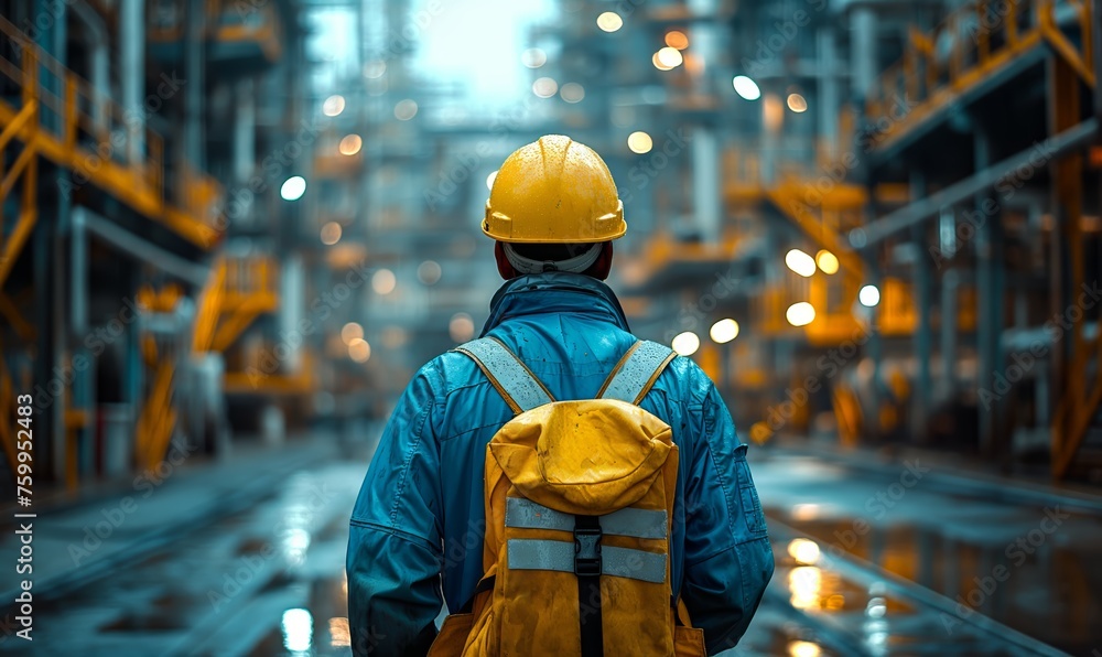 A worker walks along the work area, rear view. A worker walks along the work area, rear view.