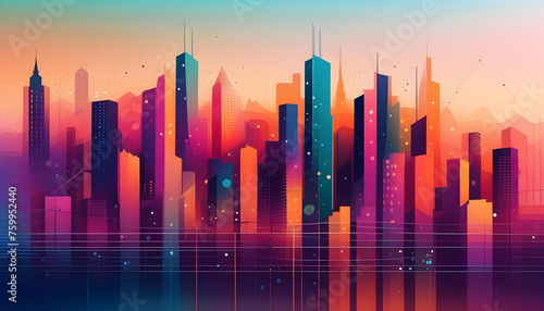 A digital illustration of a cityscape with abstract shapes and colors