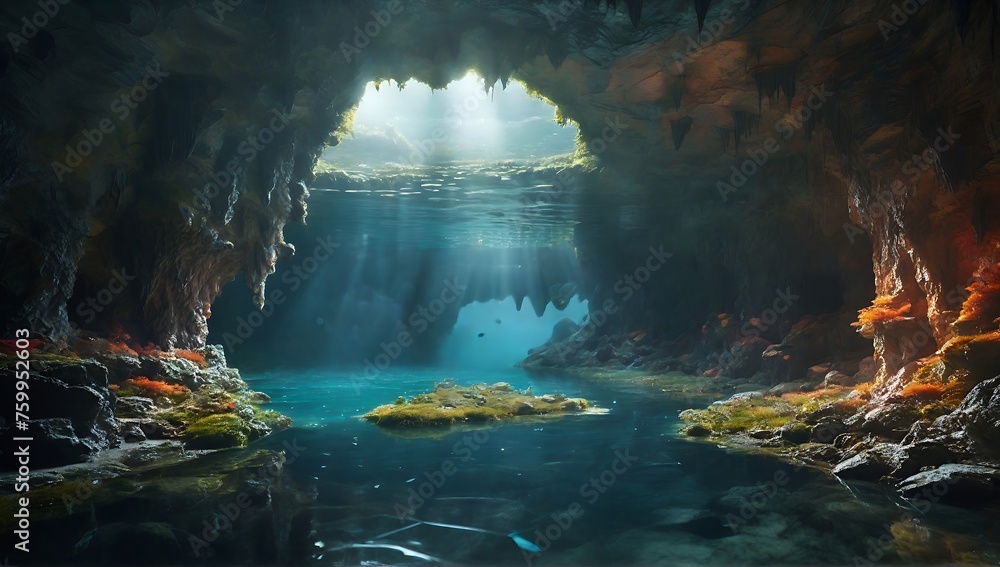 Amazing view in a fantasy cave with a clear river.