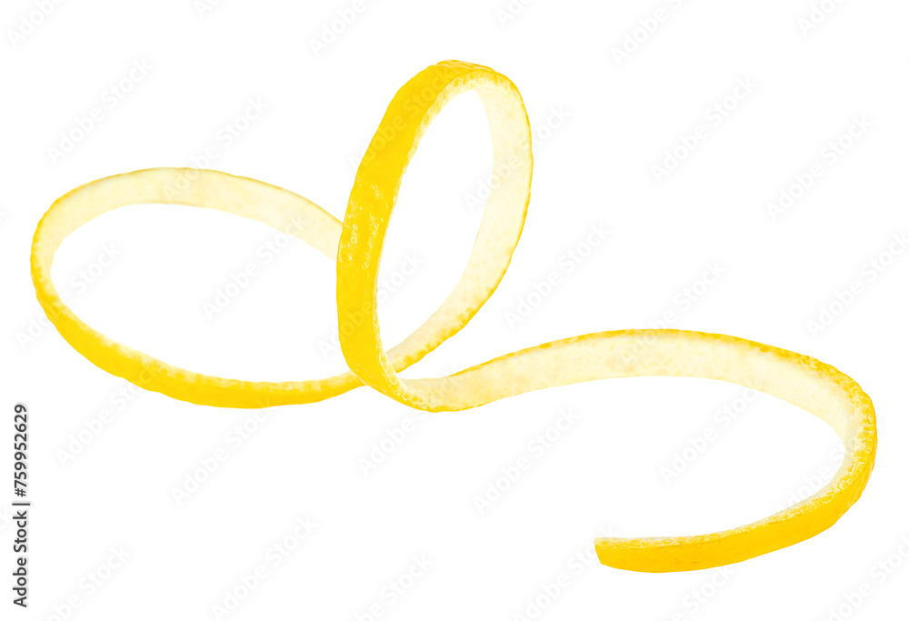 Twisted lemon peel isolated on a white background. Ripe lemon skin, healthy food. Twisted lemon peel isolated on a white background. Ripe lemon skin, healthy food.