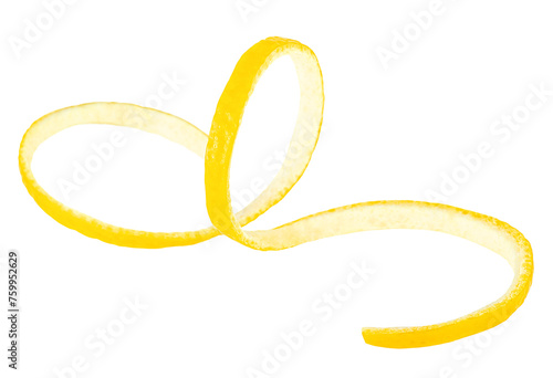 Twisted lemon peel isolated on a white background. Ripe lemon skin, healthy food.