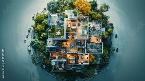 An aerial view of a property metaverse where users can explore virtual neighborhoods interact with real estate agents and visualize their future homes in a fully immersive digital experience.
