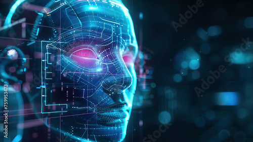 Virtual assistant HUD user display technology. AI artificial intelligence robot support. Chatbot human brain neural network low poly  illustration #759953473