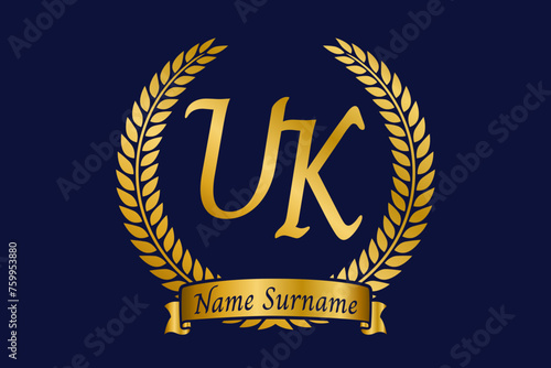 Initial letter U and K, UK monogram logo design with laurel wreath. Luxury golden calligraphy font.