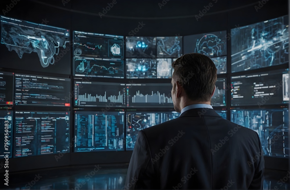 A man standing in front large panels of screens and watching ahead, man on front of screen A man standing in front large panels of screens and watching ahead, man on front of screen