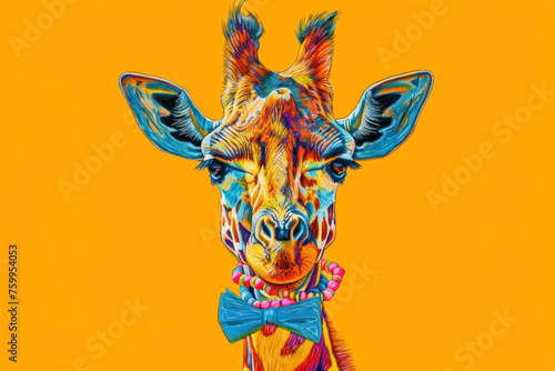 Giraffe with a bow tie and bracelets on its neck  colourful sketch illustration.