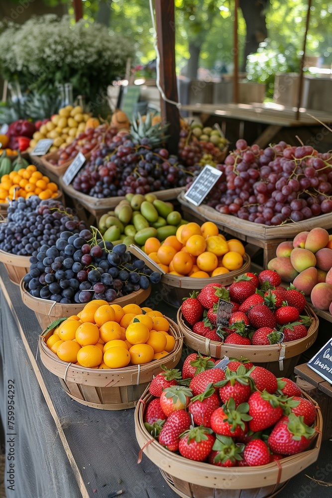 Vibrant farmers' market: Fresh produce, colorful displays, reusable bags, promoting sustainability and wholesome living