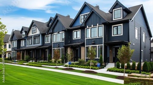 Modern Two-Story Town Houses with Black and Blue Exteriors in a Suburban Neighborhood