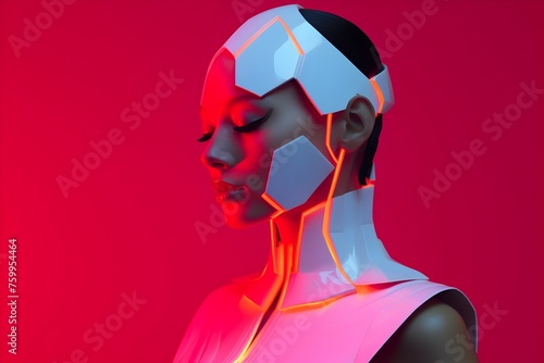 Afrofuturistic Robot Woman Radiating Geometric Neon Patterns in Studio Portrait