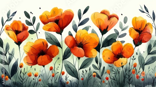 a painting of a field of orange flowers with green leaves and red berries on the bottom of the flowers  with a white background.