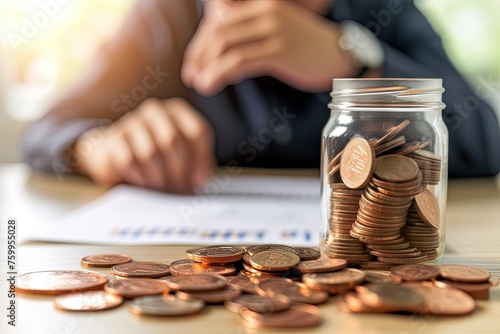person putting coin into a jar. Savings, financial planning.