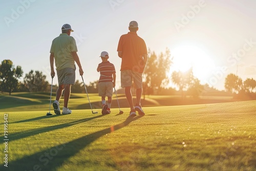 Family golfers playing golf at sunny day, back view. Father, son and grandfather spending together summer day. photo