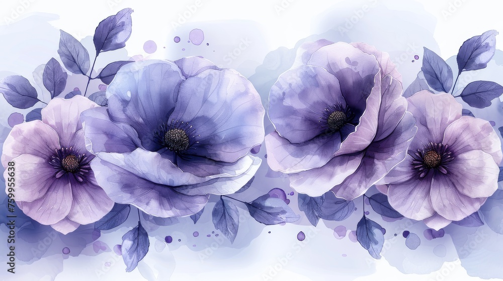three purple flowers on a white background with watercolor splashes in the bottom corner of the image and the bottom corner of the image in the bottom corner of the image.