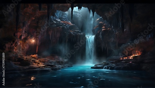 Panoramic view of the waterfall hidden in the cave.