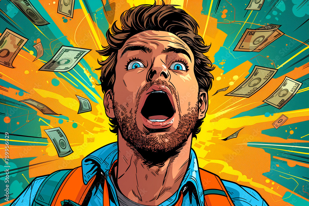 A shocked man with a blue shirt looks up as money bills fly around him on a dynamic background