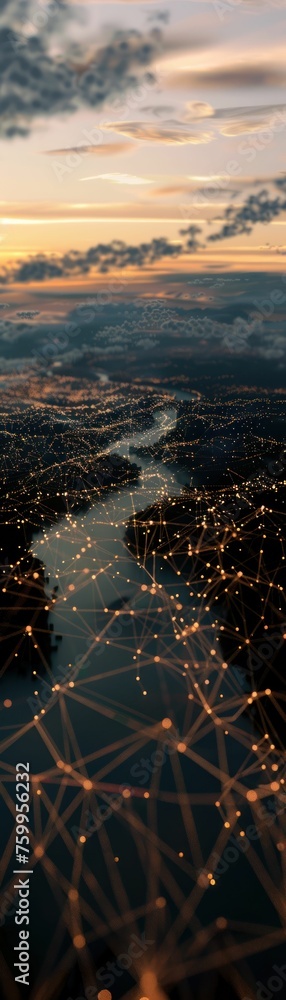 Aerial View of City Lights Interlaced with Digital Network Connections