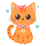 Cute red watercolor cat, with pink bow. Cartoon vector Illustration isolated on white background