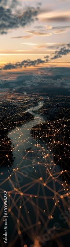 Aerial View of City Lights Interlaced with Digital Network Connections
