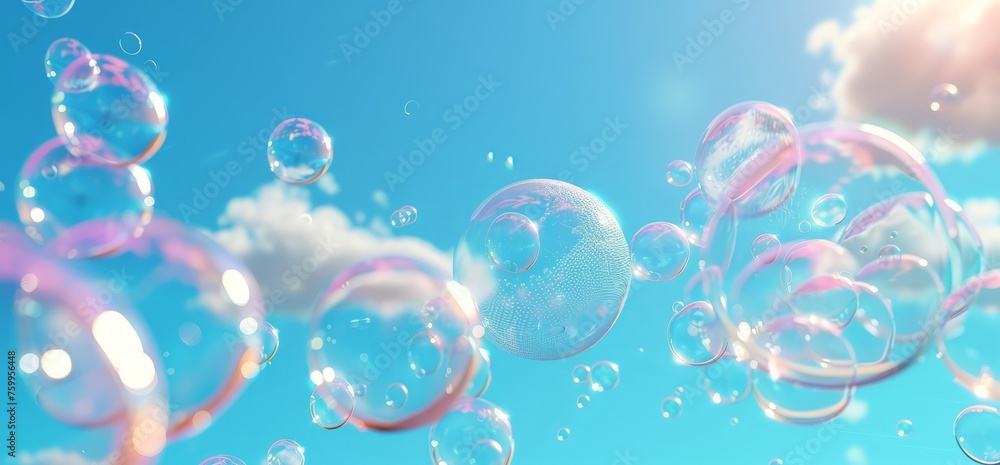 Soap bubbles drift freely in the air on a sunny day, capturing light and colors in their fragile form.