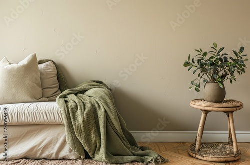 Minimalist living room with a beige sofa and an olive green blanket