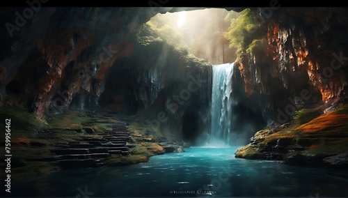 Panoramic view of the waterfall hidden in the cave.