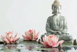 Budha statue with wjite lotus and candles on white background. Happy Wesak day. Budha birthday concept.