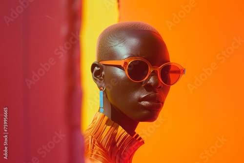 Fashion model wearing extravagant clothes and sunglasses. photo